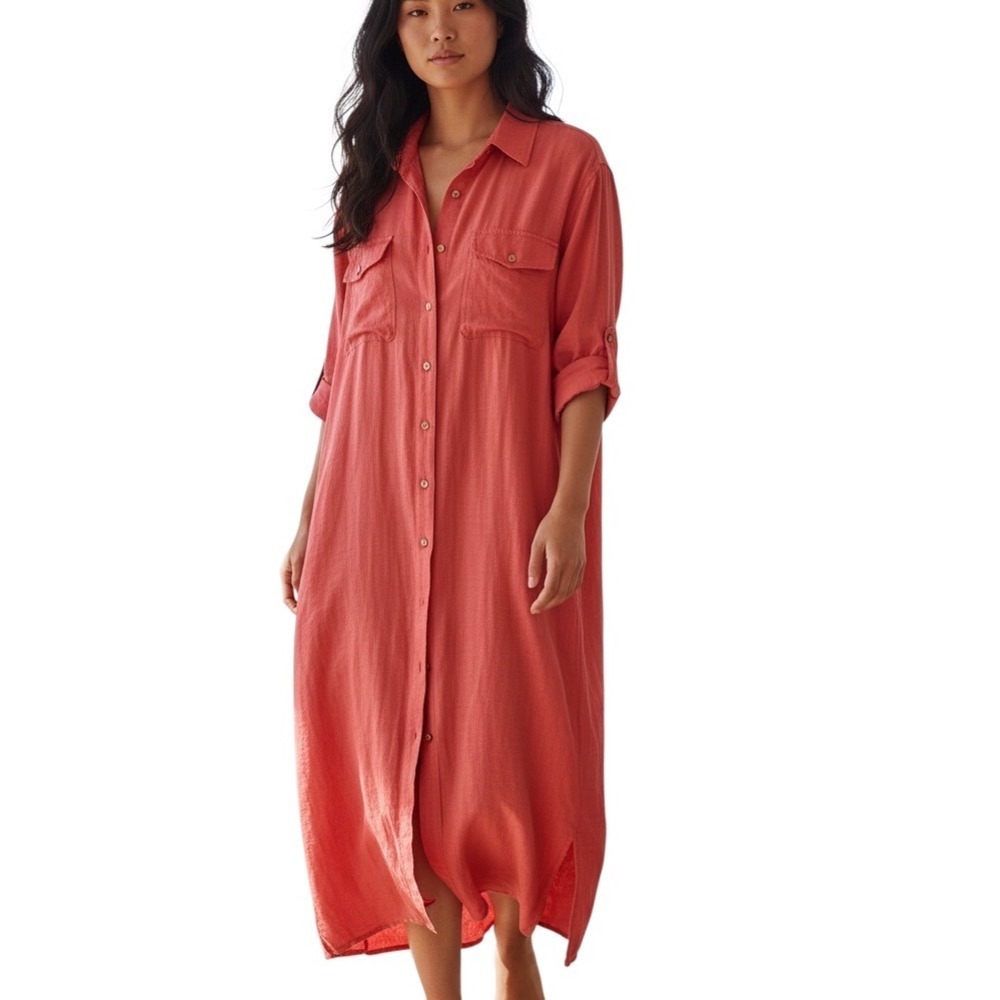 Oso Casuals Coral Pink Linen Blend Lace Up Back Cottagecore Shirt Dress L Beachy